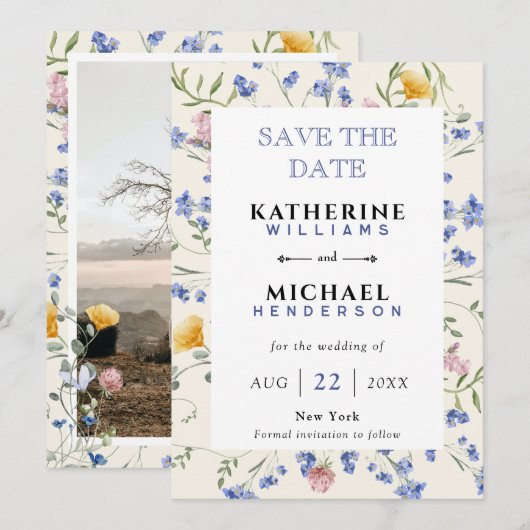 Save The Date Ajouter Image & Fleurs sauvages aquarelle prairie  (Devant / Derrière)