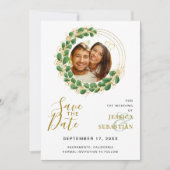 Save The Date Ajouter QR Code Photo White Emerald & Gold Elegant (Devant)