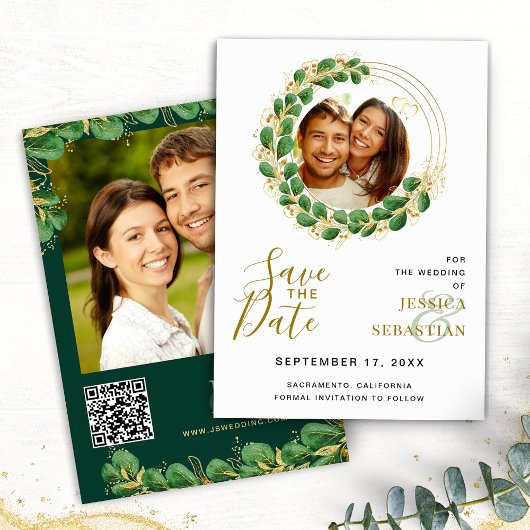 Save The Date Ajouter QR Code Photo White Emerald & Gold Elegant