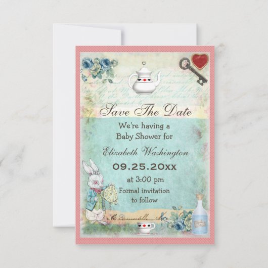 Save The Date Alice, Flamant rose & Baby shower de chat Enregist (Dos)