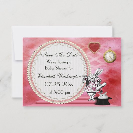 Save The Date Alice & Flamant rose rose Baby shower Enregistrer (Dos)