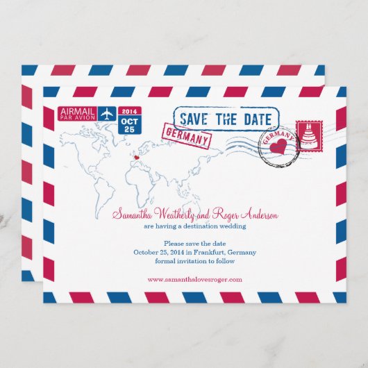 Save The Date Allemagne Air Mail Mariage Enregistrer La Date (Devant / Derrière)