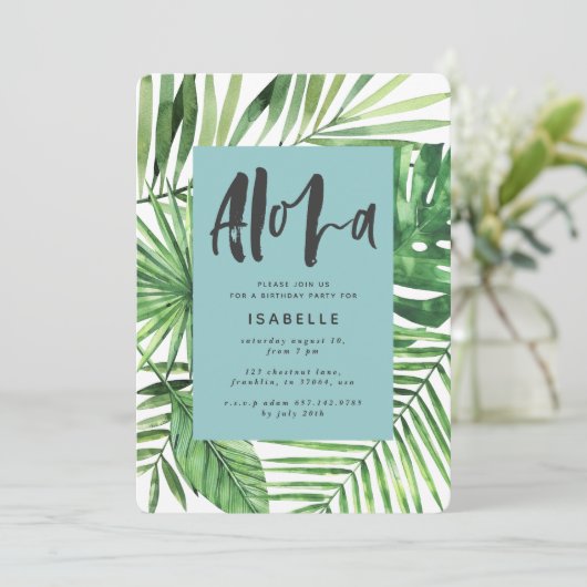 Save The Date Aloha feuille de palme tropicale & script annivers (Debout devant)
