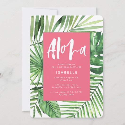 Save The Date Aloha palme tropicale & script rose girly annivers (Devant)