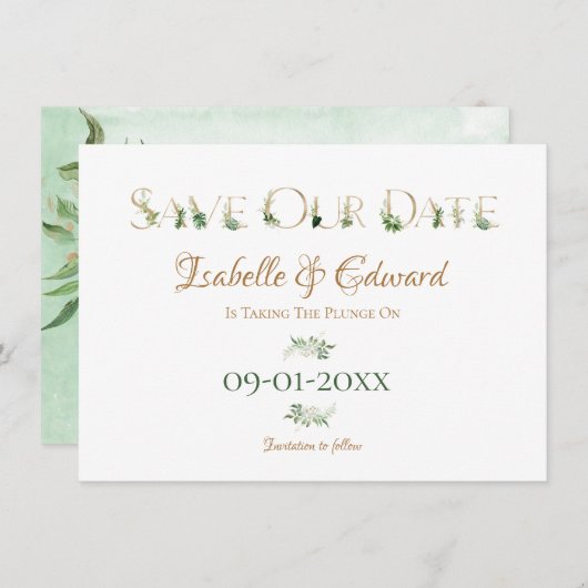 Save The Date Alphabet Feuille Tropical Green & Gold Monstera (Devant / Derrière)