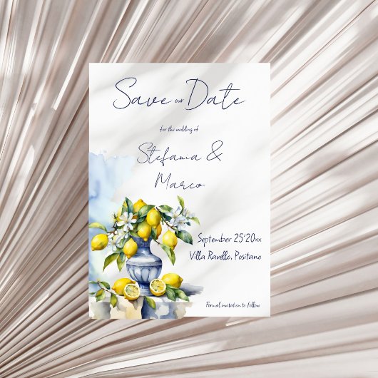 Save The Date Amalfi Vase bleu italien avec citrons