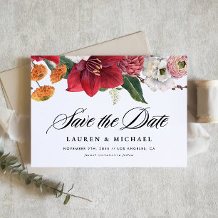 Save The Date Amaryllis rouge aquarelle et fleurs d'automne