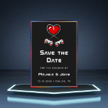 Save The Date Amateurs de jeux Retro Gamer Geek Funny Nerdy Simp<br><div class="desc">Surprenez vos invités avec ces amusants Save the Date cartes avec illustration de jeu romantique. Ajoutez facilement vos informations en cliquant sur l'option "personnaliser ce modèle".</div>