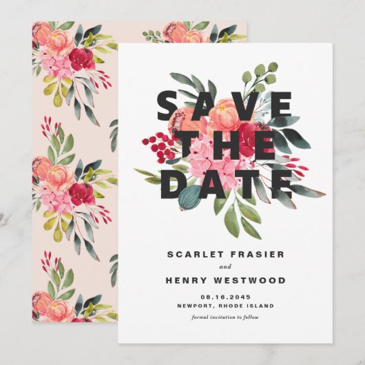 Save The Date Amelia Bold Aquarelle Bouquet Floral Moderne (Devant / Derrière)