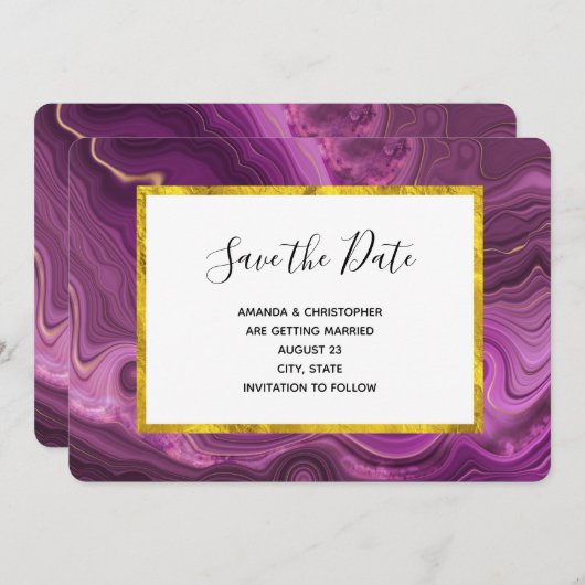 Save The Date Améthyste Violet Et Or Abstrait Agate Mariage Sa (Devant / Derrière)