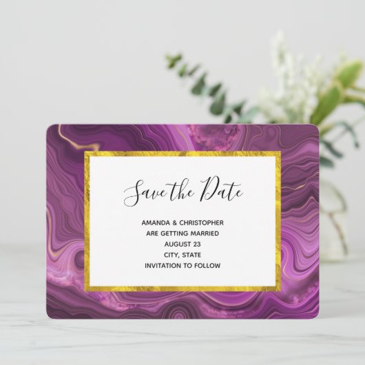 Save The Date Améthyste Violet Et Or Abstrait Agate Mariage Sa (Debout devant)