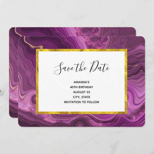 Save The Date Améthyste Violet Et Or Agate Abstrait Anniversaire (Devant / Derrière)