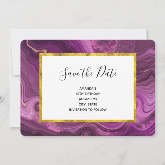 Save The Date Améthyste Violet Et Or Agate Abstrait Anniversaire (Devant)