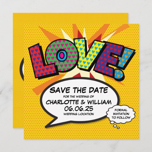 Save The Date AMOUR Sauvegarder la Date Fun Rétro Bande Dessinée (Devant / Derrière)