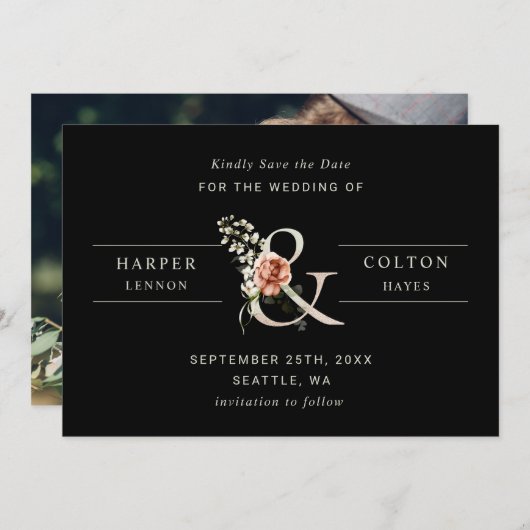 Save The Date Ampersand floral Elégant mariage noir photo (Devant / Derrière)