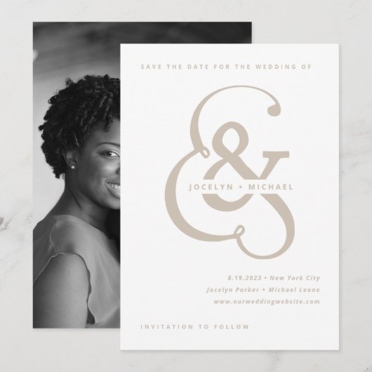 Save The Date Ampersand lunaire | Retour photo blanc et beige (Devant / Derrière)