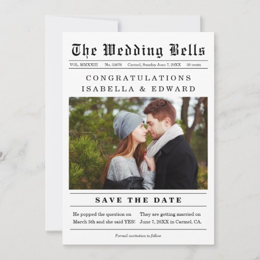 Save The Date Ancien style de journal Mariage Enregistrer la dat (Devant)