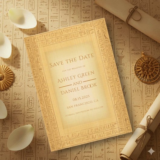 Save The Date Ancient Gold Hieroglyphic Motifs Egyptian Wedding
