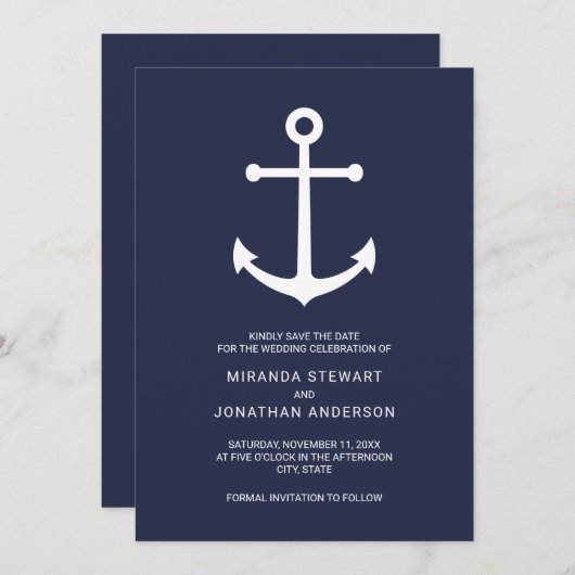 Save The Date Ancre bleue marine nautique mariage Enregistrer la (Devant / Derrière)