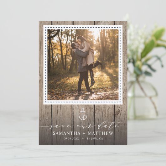 Save The Date Ancre marine Rustique Mariage photo en bois (Debout devant)
