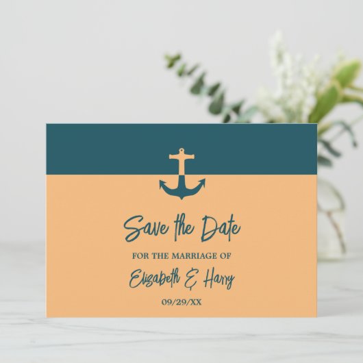 Save The Date Ancre nautique - Bleu corail - Mariage plage (Debout devant)