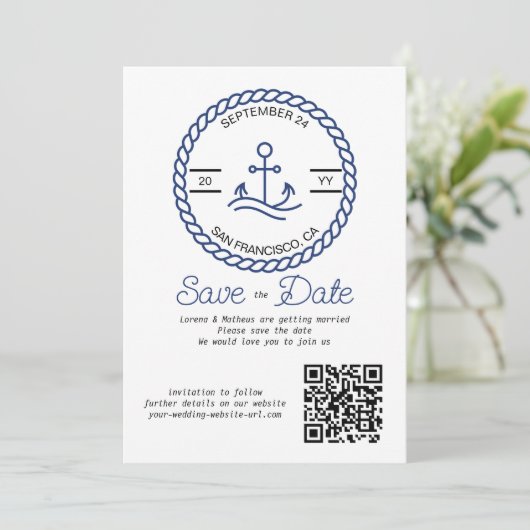Save The Date Ancre Nautique Code QR Mariage Enregistrer La Cart (Debout devant)
