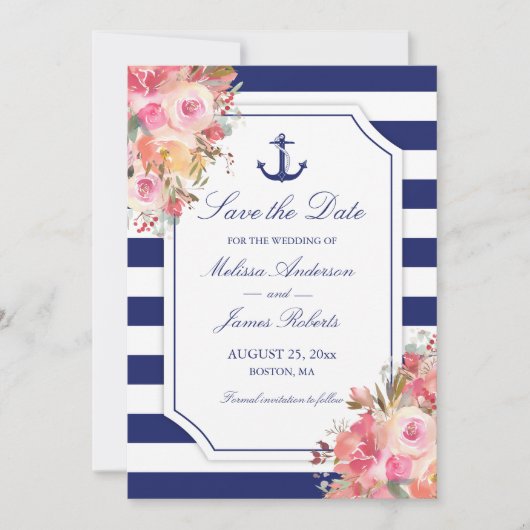 Save The Date Ancre nautique Floral Blue Stripe Mariage (Devant)