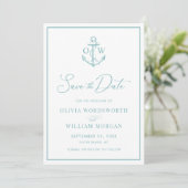 Save The Date Ancre nautique Monogramme Aqua Mariage bleu (Debout devant)