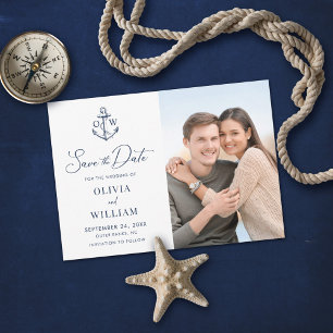 Save The Date Ancre nautique Monogramme Marine Blue Mariage Phot