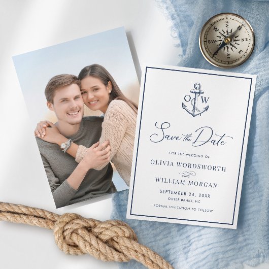 Save The Date Ancre nautique Monogramme Marine Mariage bleu