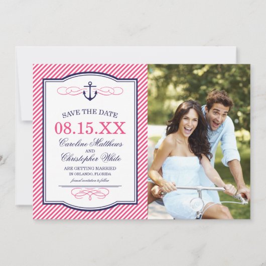 Save The Date Ancre nautique rose et Navy Photo Enregistrer la d (Devant)