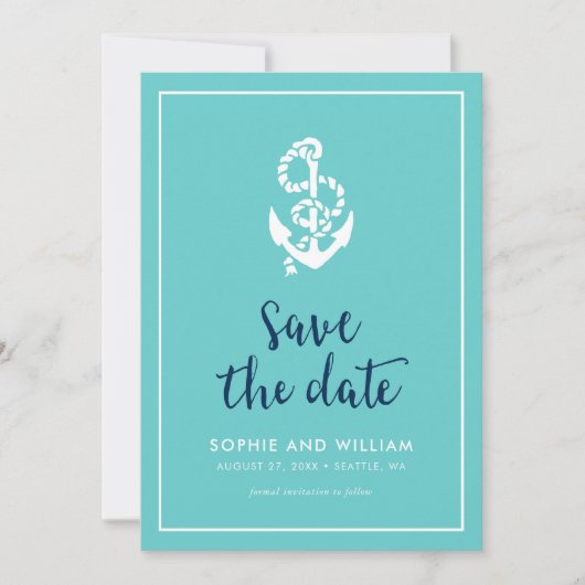 Save The Date Ancre Turquoise et Bleu Script Enregistrer la date (Devant)