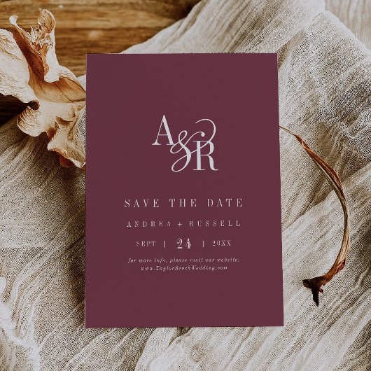 Save The Date ANDREA Monogram Simple Burgundy Minimal Wedding