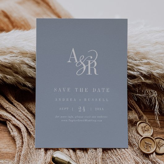 Save The Date ANDREA Monogram Simple Dusty Blue Minimal Wedding