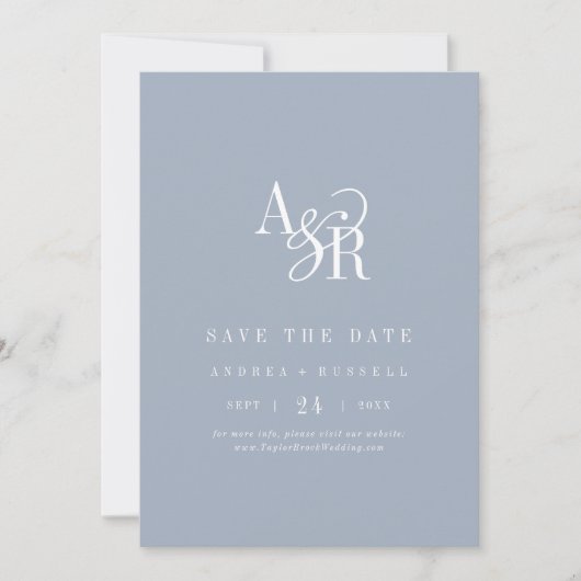 Save The Date ANDREA Monogram Simple Dusty Blue Minimal Wedding (Devant)