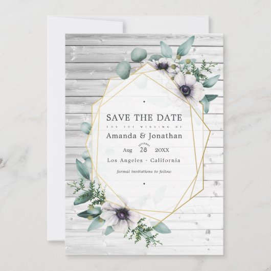 Save The Date Anémone géométrique eucalyptus rustique de mariage (Devant)