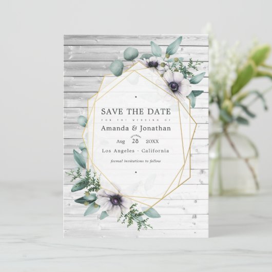 Save The Date Anémone géométrique eucalyptus rustique de mariage (Debout devant)