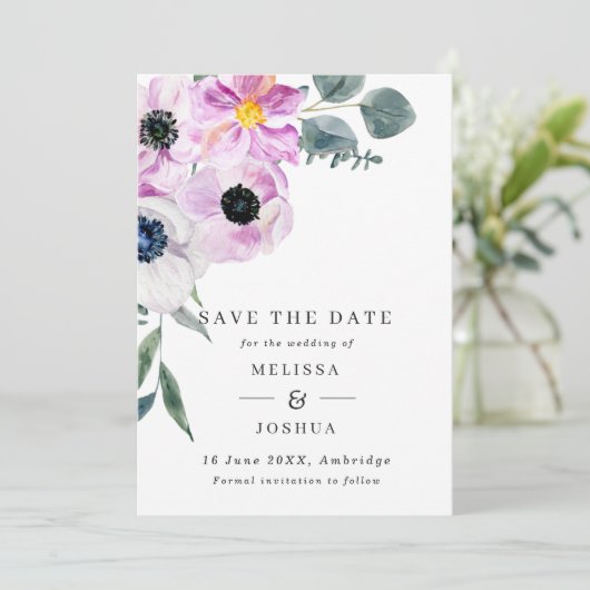 Save The Date Anémones violet et blanc Mariage de code QR (Debout devant)