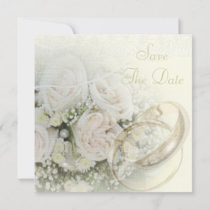 Save The Date Anneaux de mariage, Roses, Colombes & Dentelle Enr