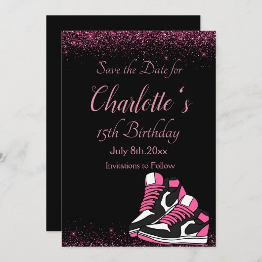 Save The Date Anniversaire basket, Parties scintillant rose (Devant / Derrière)