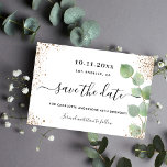 Save The Date Anniversaire eucalyptus or enregistrer la date<br><div class="desc">Une soirée branchée Save the Date pour un 40e anniversaire (ou tout autre âge). Un élégant arrière - plan blanc décoré de feuillage d'eucalyptus et de parties scintillant en faux or. Personnalisez et ajoutez une date, un nom et un texte. Le texte : Save the Date est écrit avec un...</div>