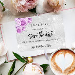 Save The Date Anniversaire fête argent rose violet fleurs<br><div class="desc">Une petite fille et tendance Enregistrer la carte Date pour une fête d'anniversaire de 40e (ou tout âge). Un arrière - plan faux argenté, décoré de scintillants et de fleurs roses et violettes, roses. Personnalisez et ajoutez une date et un nom/âge 40. Lettres de couleur noire. Le texte : Save...</div>