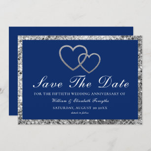 Save The Date Anniversaire mariage Coeurs d'argent Bleu