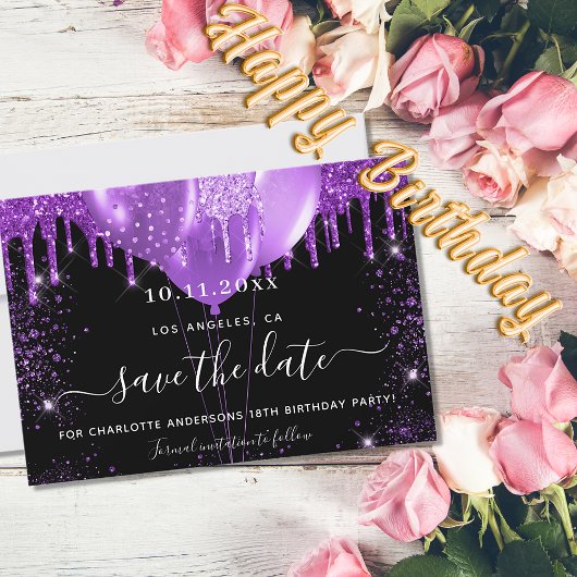 Save The Date Anniversaire noir violet ballons enregistrer la da