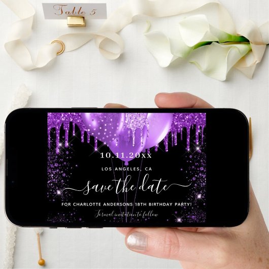 Save The Date Anniversaire noir violet ballons enregistrer la da