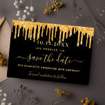 Save The Date Anniversaire parties scintillant d'or noir enregis<br><div class="desc">Une petite fille et tendance Enregistrer la carte Date pour une fête d'anniversaire de 40e (ou tout âge). Un arrière - plan noir décoré de faux gouttes de parties scintillant d'or, la peinture goutte à goutte. Personnalisez et ajoutez une date et un nom/âge 40. Le texte : Save the Date...</div>