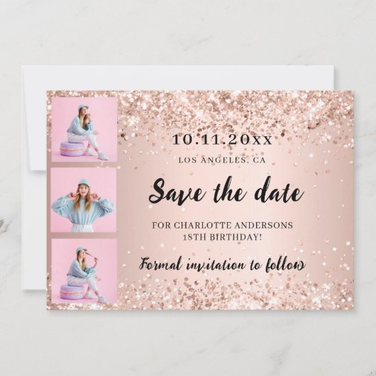 Save The Date Anniversaire photo collage rose en or confetti (Devant)