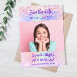 Save The Date Anniversaire photo rose violet<br><div class="desc">Un moderne et élégant Save the Date pour une fête d'anniversaire de 18e (ou tout autre âge). Arrière - plan holographique,  rose,  violet vert menthe. Personnalisez et ajoutez une photo,  une date et un nom.</div>