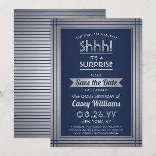 Save The Date Anniversaire Surprise Party Shhh! Elégant bleu mar