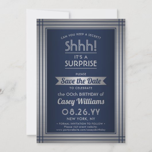 Save The Date Anniversaire Surprise Party Shhh! Elégant bleu mar (Devant)